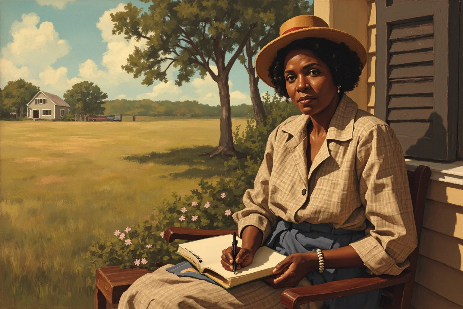 Illustrated scene of a 1930s Black woman writer and folklorist sitting on a porch in the rural South with a notebook, warm nostalgic painting style
