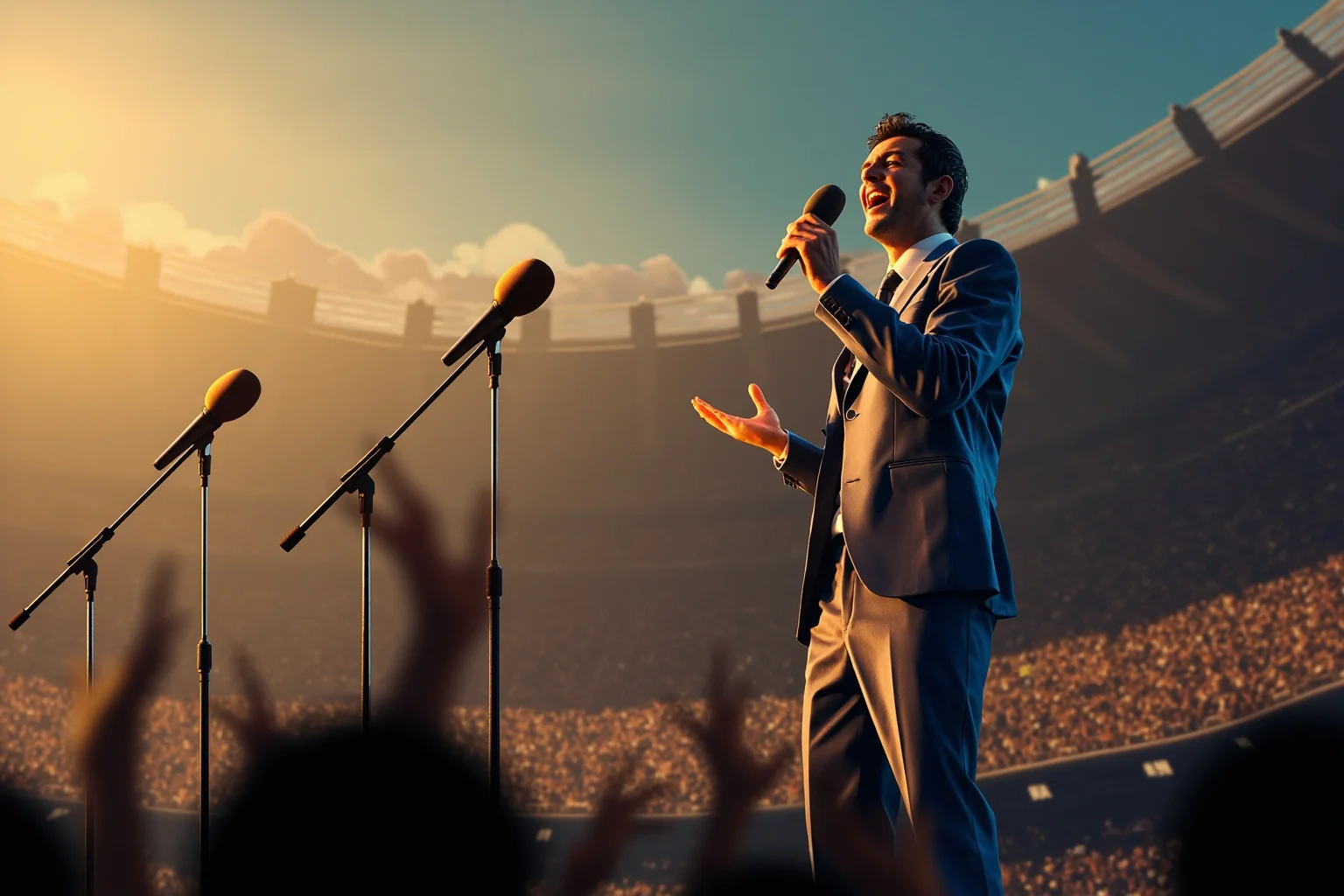Illustrated scene of a celebrated tenor singing outdoors at a large stadium concert, three microphones on stands, warm lighting, digital painting style