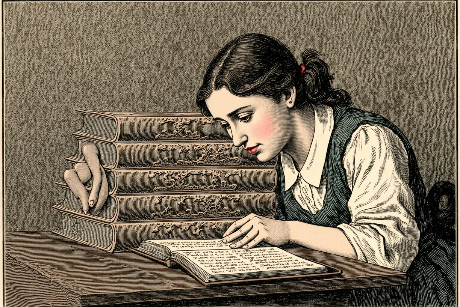 Illustrated scene of a determined young woman studying thick embossed textbooks at a wooden desk, late 1800s academic setting