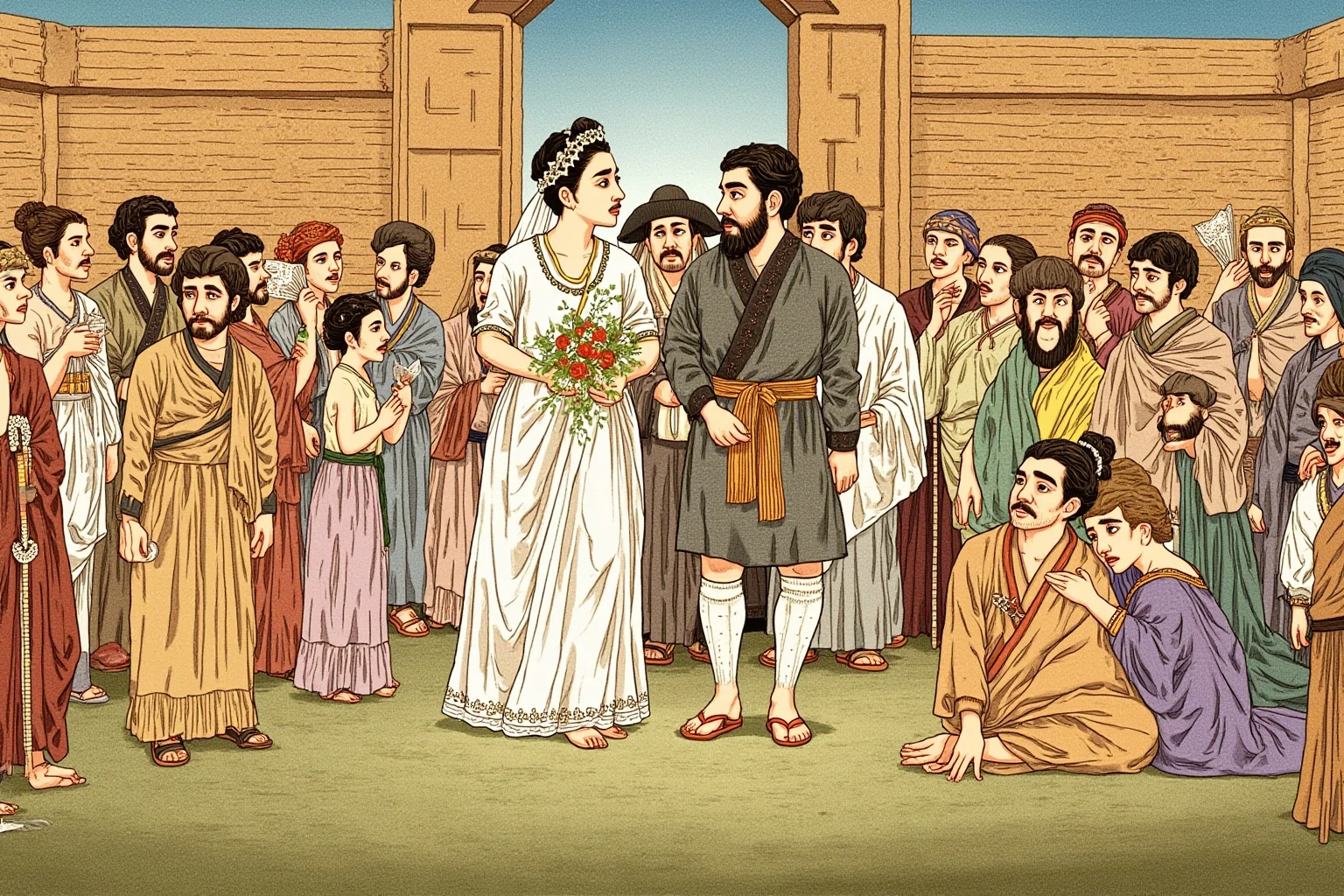 It's In The Name: Why Alexander The Great Is Considered History's Greatest General 19 Illustrated scene of a diverse ancient wedding ceremony blending two different cultural styles of dress and architecture