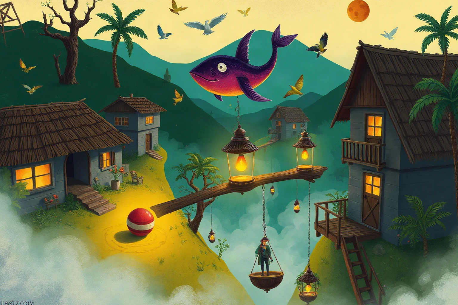 Illustrated scene of a magical, dreamlike Latin American village with floating objects, literary magical-realism art style