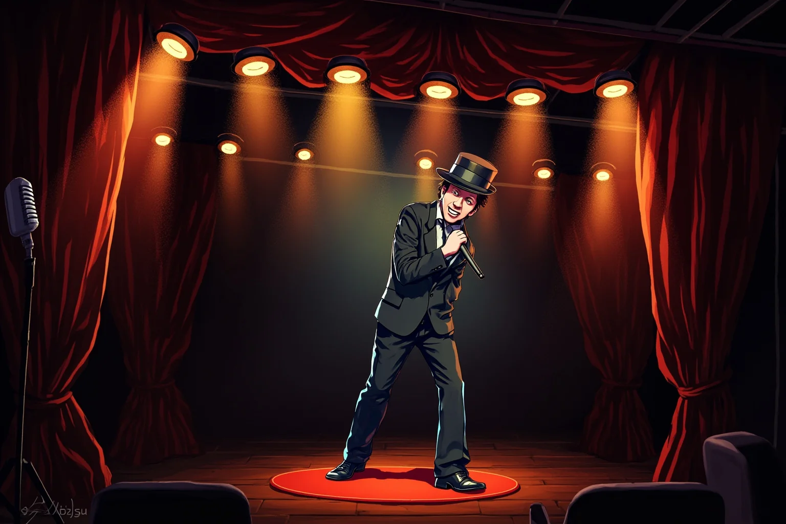 Illustrated scene of a passionate French chanson singer performing on a small Parisian cabaret stage, dramatic lighting