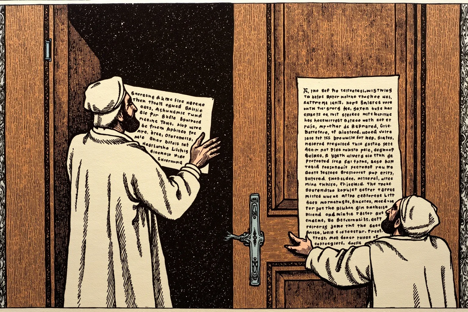 25 Most Memorable Dates in History (And Why They Still Matter) 8 Illustrated scene of a robed reformer posting a parchment document on a large wooden church door