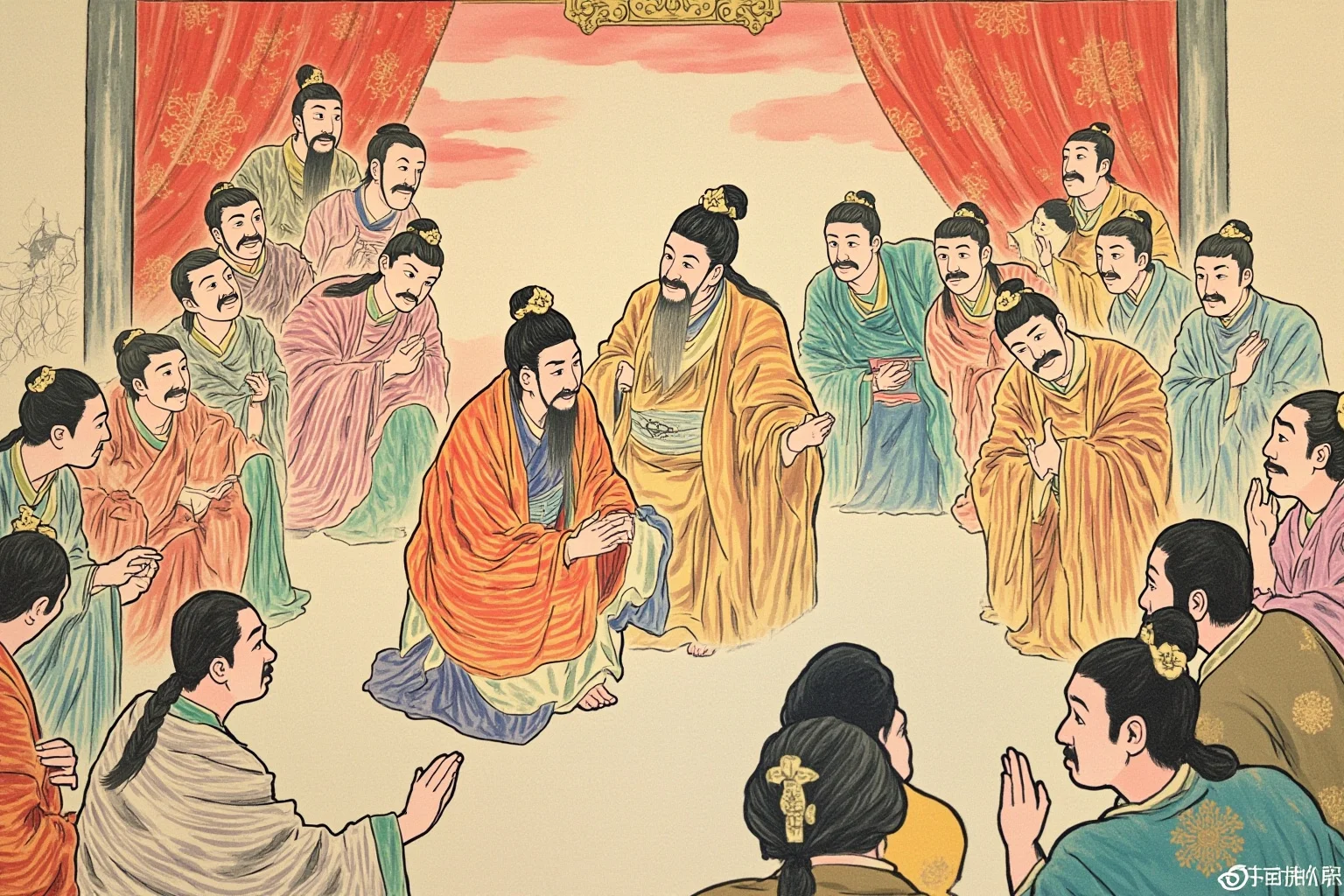 Illustrated scene of a Tang official welcoming a formerly rival tribal leader into a court gathering