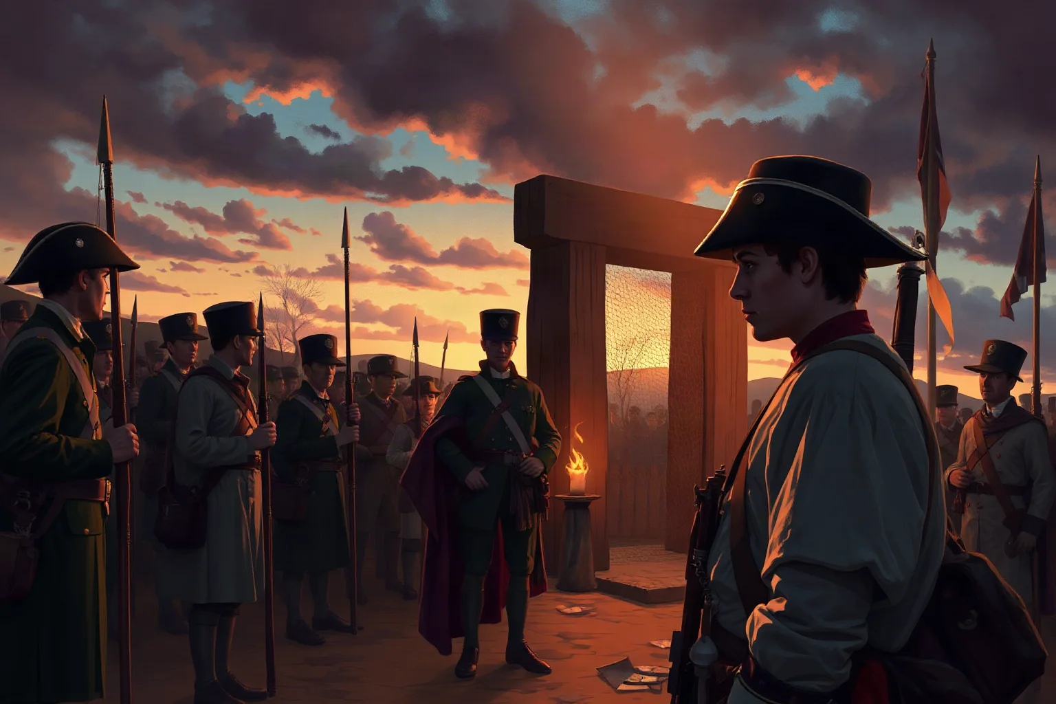 Illustrated scene of a young Continental Army officer standing before British soldiers at a colonial gallows, dramatic dusk lighting, historical painting style