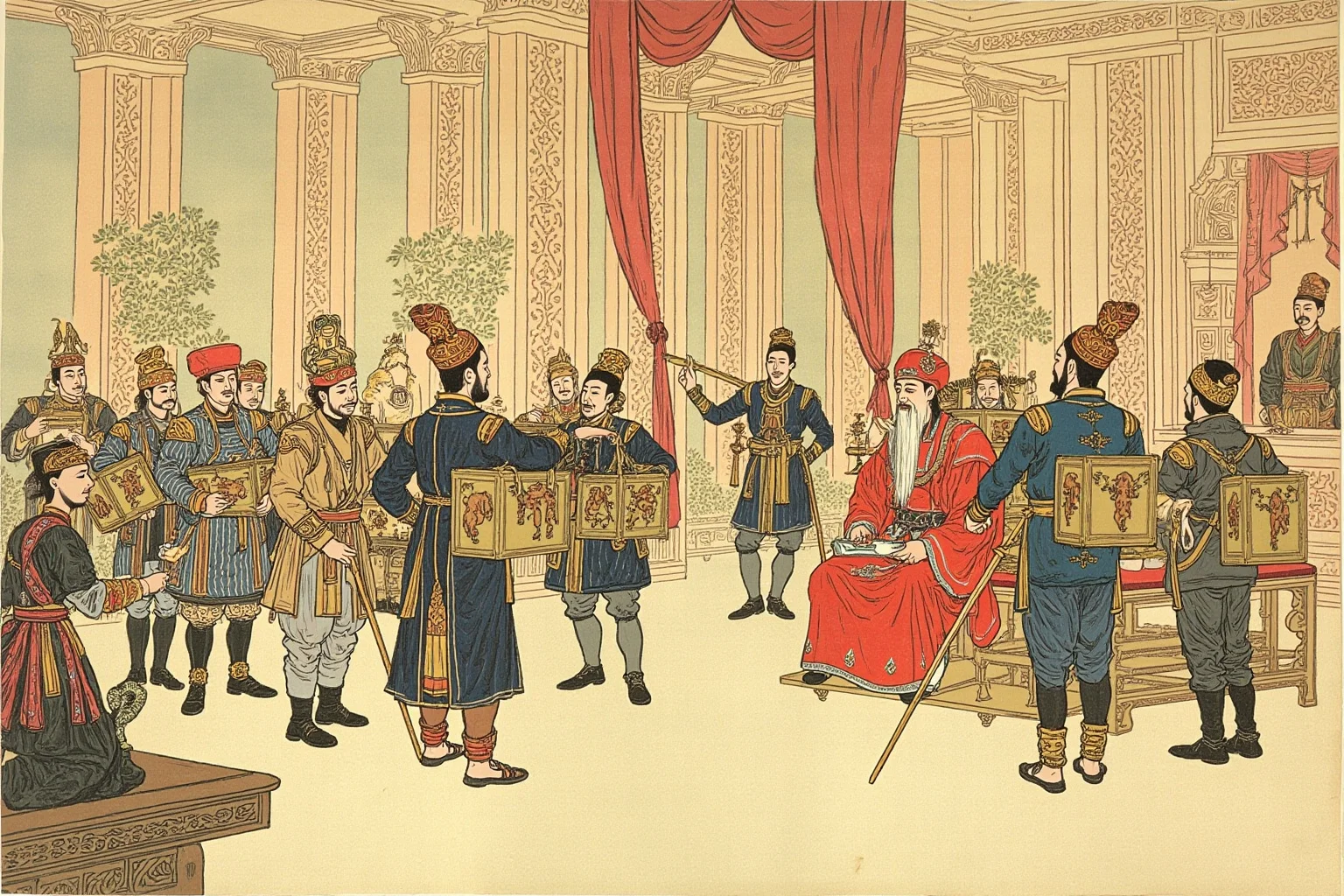 Illustrated scene of Central Asian envoys presenting gifts to a seated Chinese ruler in a grand hall