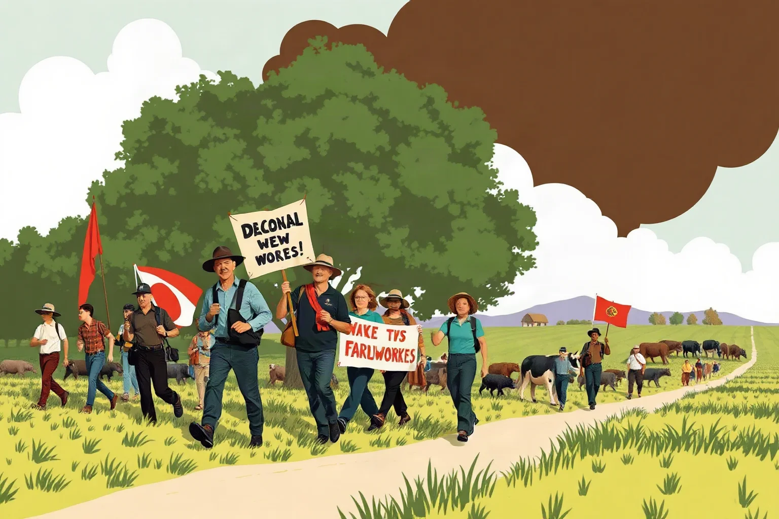 Illustrated scene of farmworkers and organizers marching with banners through agricultural fields, mid-20th-century protest art style