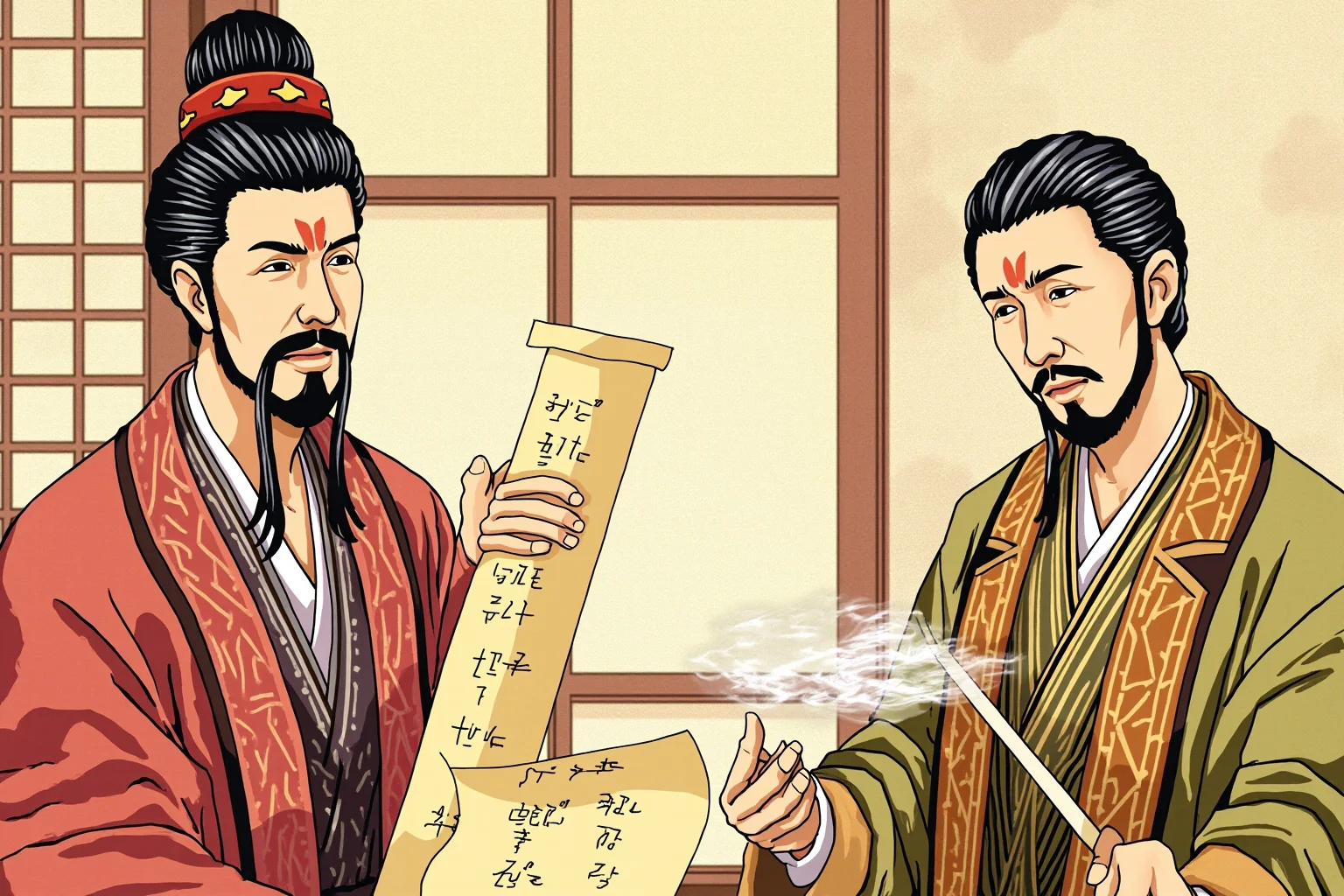 Illustrated scene of two Tang officials in animated discussion holding scrolls in an imperial hall