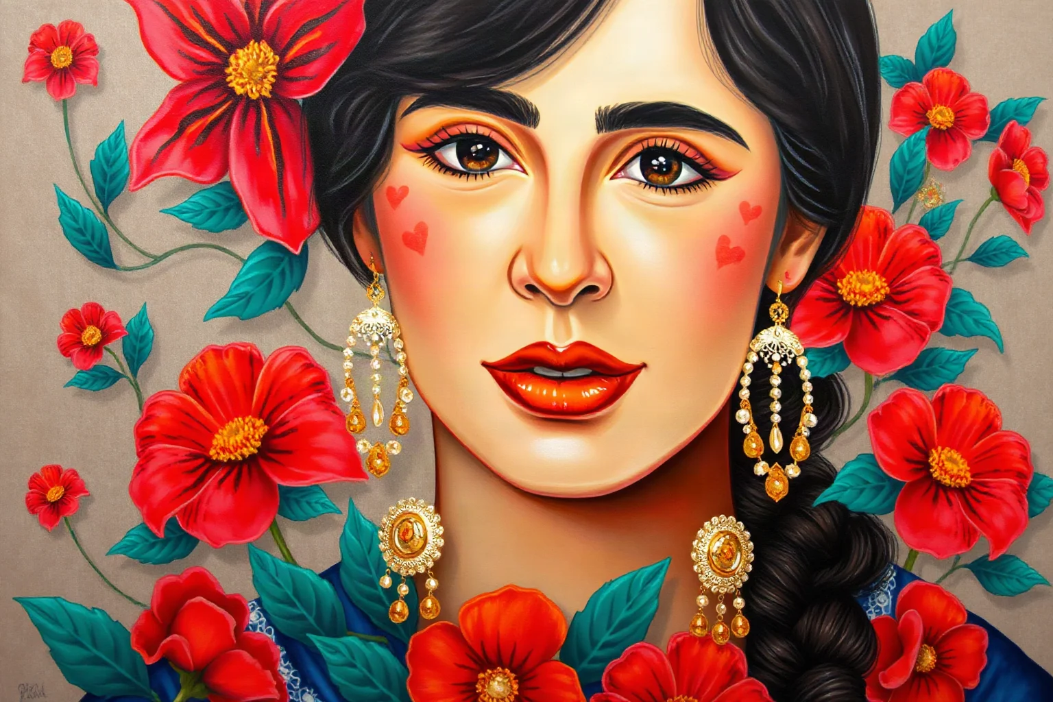 Illustrated self-portrait style painting featuring vivid Mexican folk clothing, flowers, and bold colors, artistic homage not photorealistic