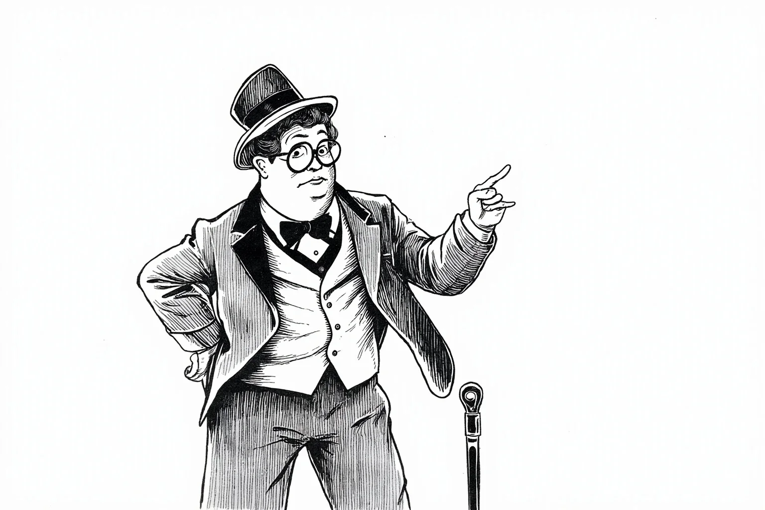 Illustrated silent-film era actor with a cane and bowler hat in black-and-white comedic pose