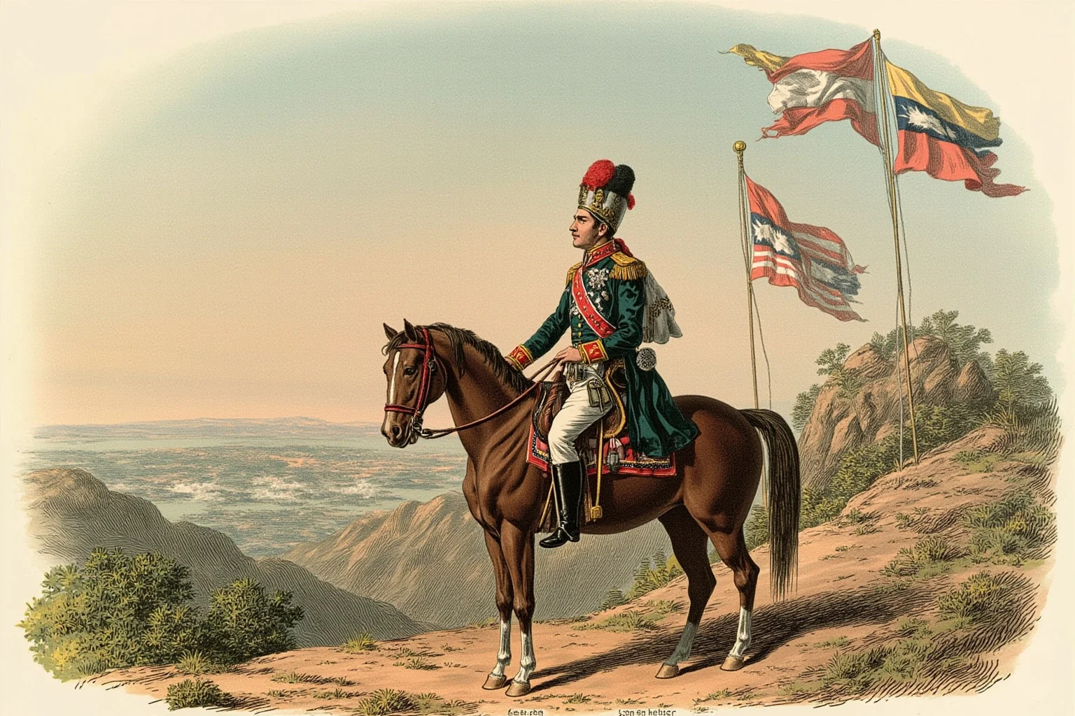 History's Greatest Rebels That Challenged the Status Quo 10 Illustrated South American independence general on horseback before mountain terrain, flags of liberation in the background