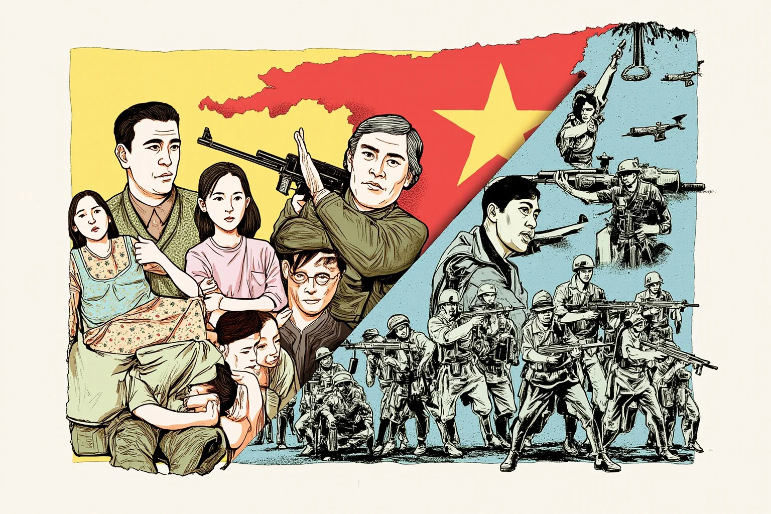 Illustrated split image of Vietnamese soldiers and civilians on one side, symbolizing a civil war within a larger conflict