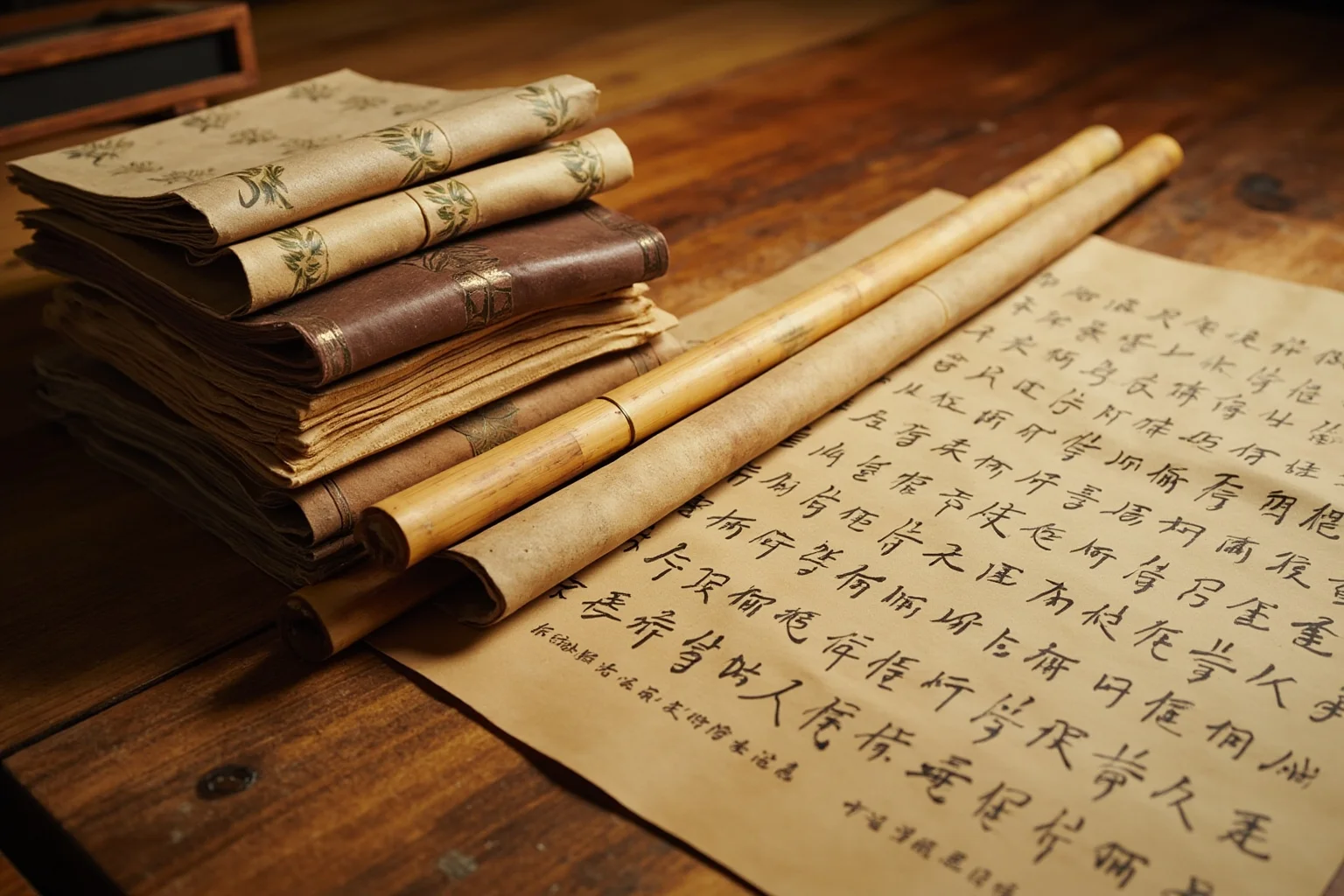 Illustrated stack of ancient bound legal scrolls and bamboo tablets on a wooden desk, Tang dynasty setting