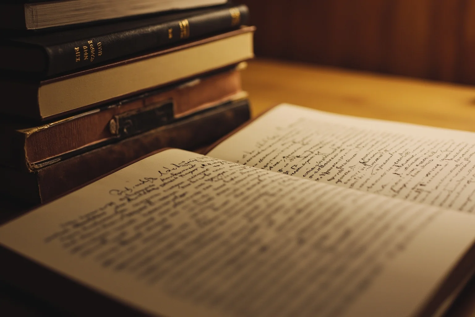 Illustrated stack of old hardcover books and handwritten essay pages on a wooden table, warm lighting