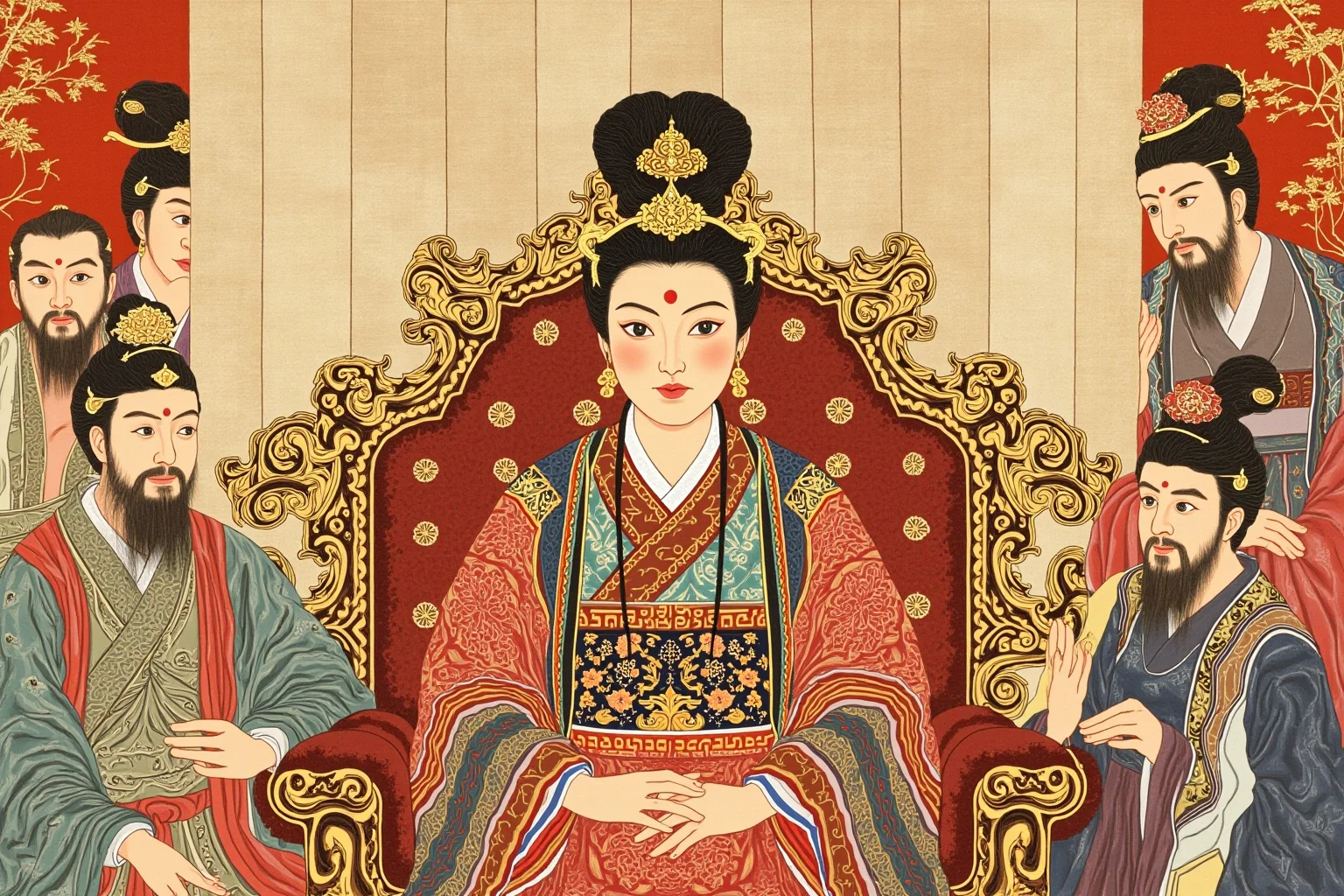 Historical Villains Who Were Actually Heroes 5 Illustrated Tang dynasty empress seated on an ornate throne surrounded by scholars and scrolls, regal historical painting style
