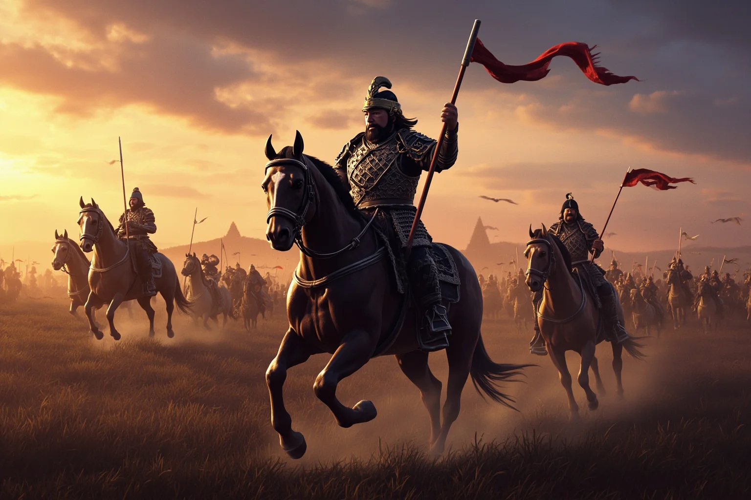 Illustrated Tang dynasty general in armor on horseback leading cavalry across a battlefield at dusk