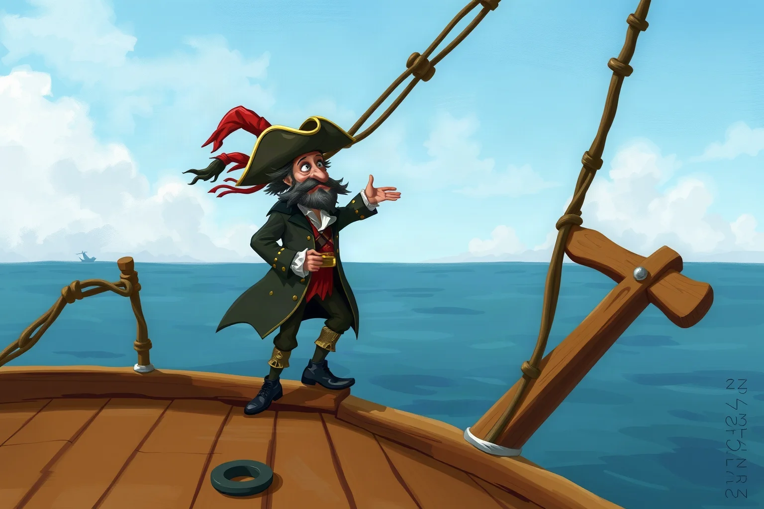 Illustrated theatrical fictional pirate captain with eccentric hat and coat balancing on a ship's plank, whimsical painterly style