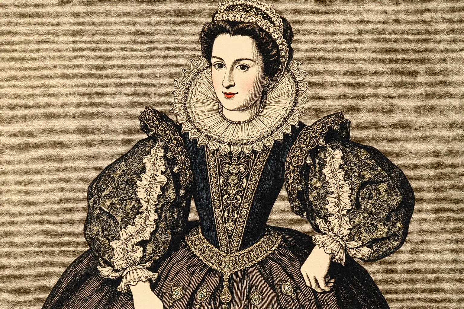 25 Vintage Baby Names Inspired by Historical Figures 12 Illustrated Tudor-era queen in ornate Elizabethan gown and ruff collar