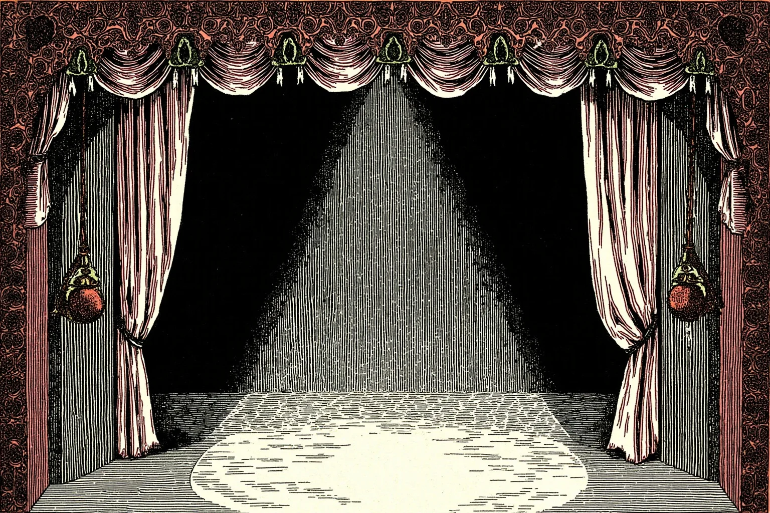 Illustrated vaudeville theater stage with ornate curtains and a spotlight, early 1900s aesthetic