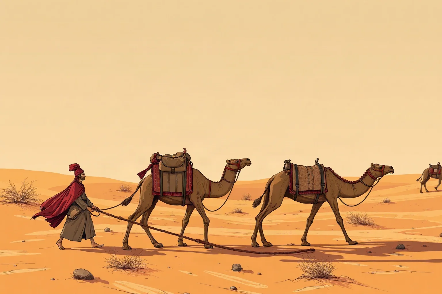 Illustrated Venetian merchant traveler with a caravan of camels crossing a desert trade route