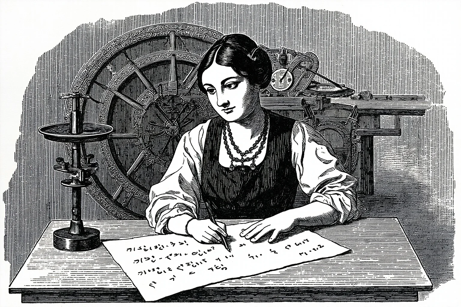 25 Vintage Baby Names Inspired by Historical Figures 15 Illustrated Victorian-era mathematician woman writing equations at a desk with mechanical gears nearby