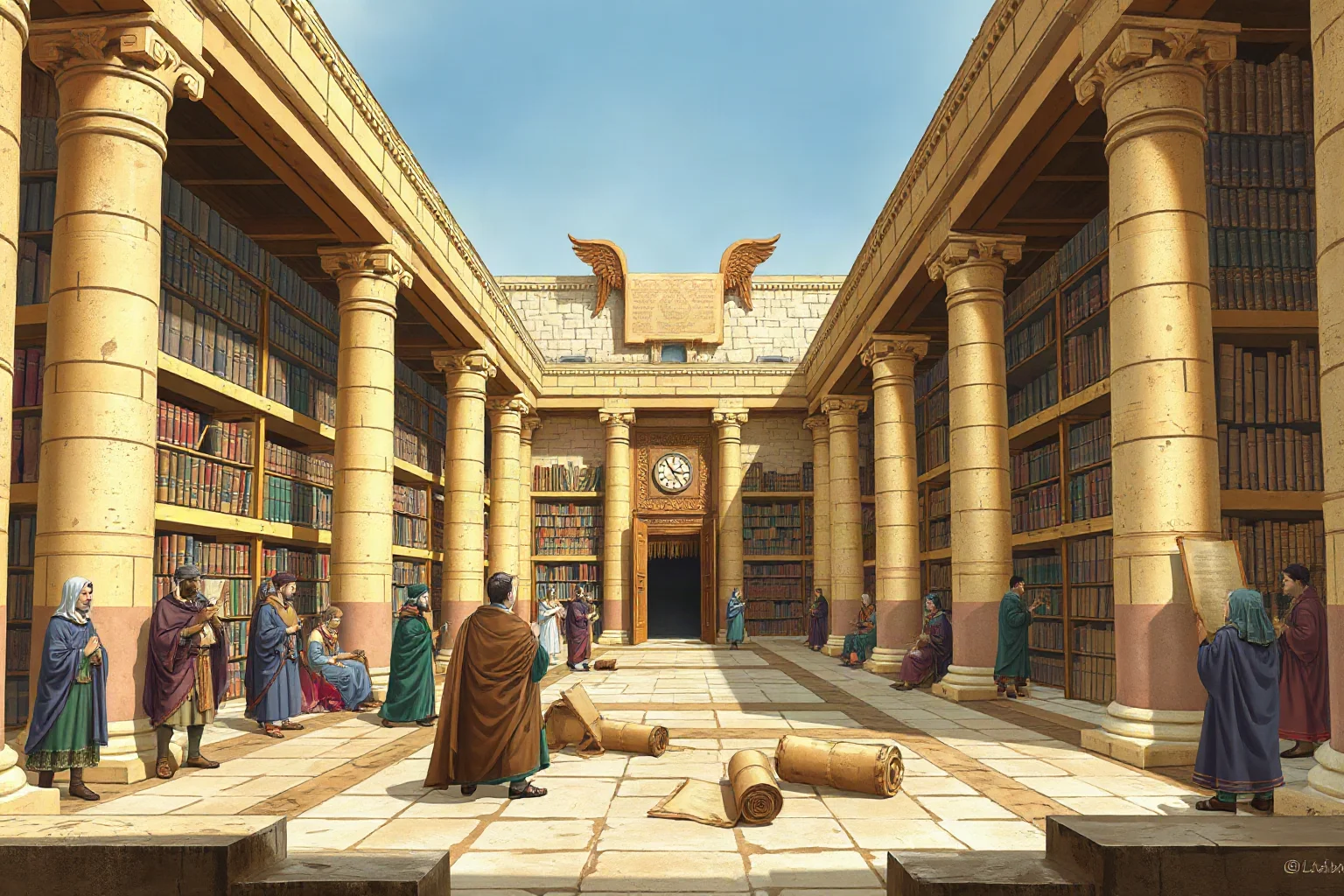 Illustrated view of the ancient Great Library of Alexandria with scholars and scrolls