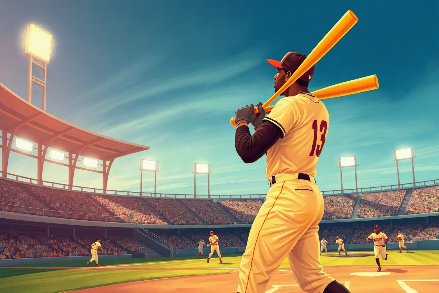 Illustrated vintage baseball scene showing a Caribbean ballplayer mid-swing under stadium lights, 1960s sports poster style