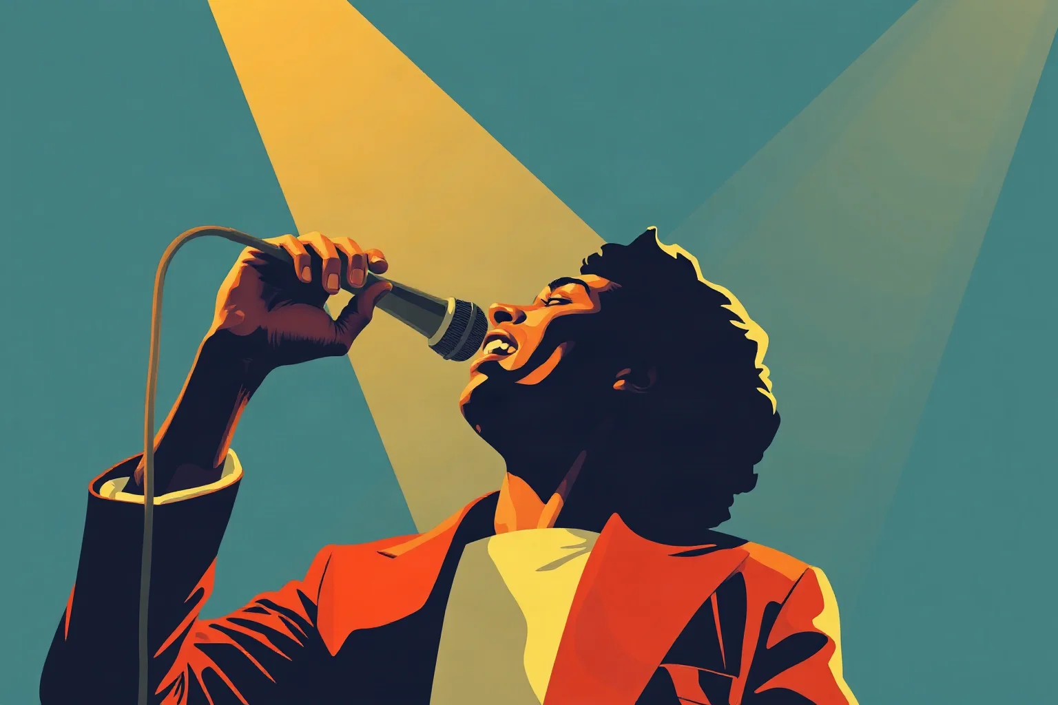 Illustrated vintage soul singer performing with a hand raised, warm spotlight, 1960s Motown poster art style