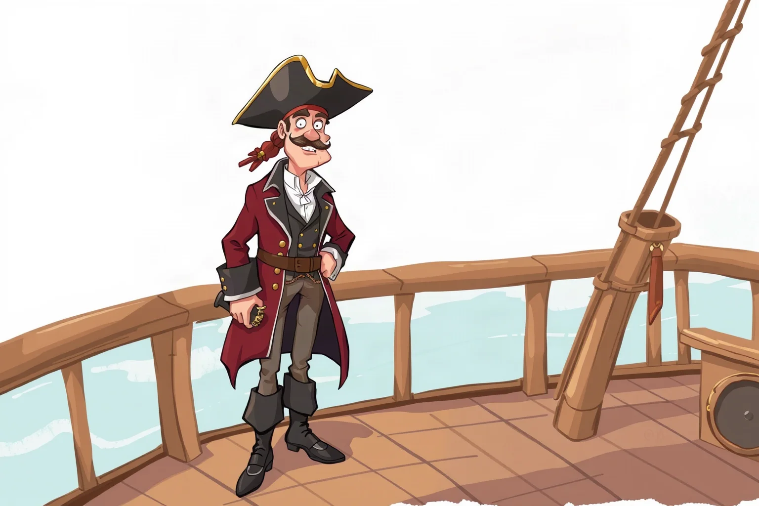 Illustrated well-dressed gentleman pirate in fine coat standing awkwardly on a ship deck holding a cutlass, painterly style