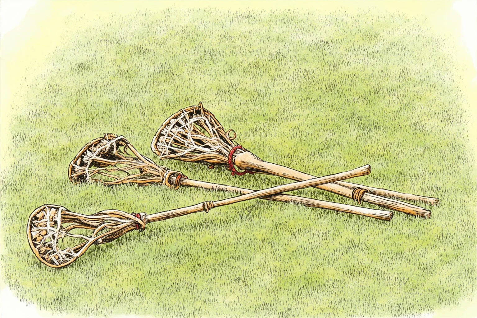 Illustrated wooden sticks with netted pouches on a grassy field, representing the traditional origins of lacrosse