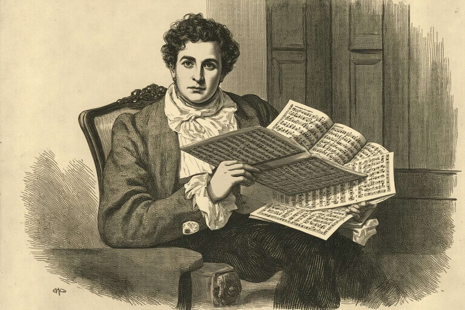 Illustrated young 19th-century composer with a round, short build holding sheet music in a Viennese apartment