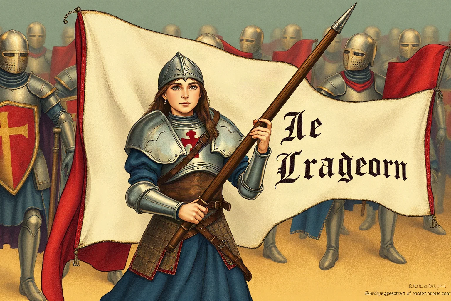 Illustrated young armored maiden holding a banner in front of a medieval French army, illuminated manuscript style