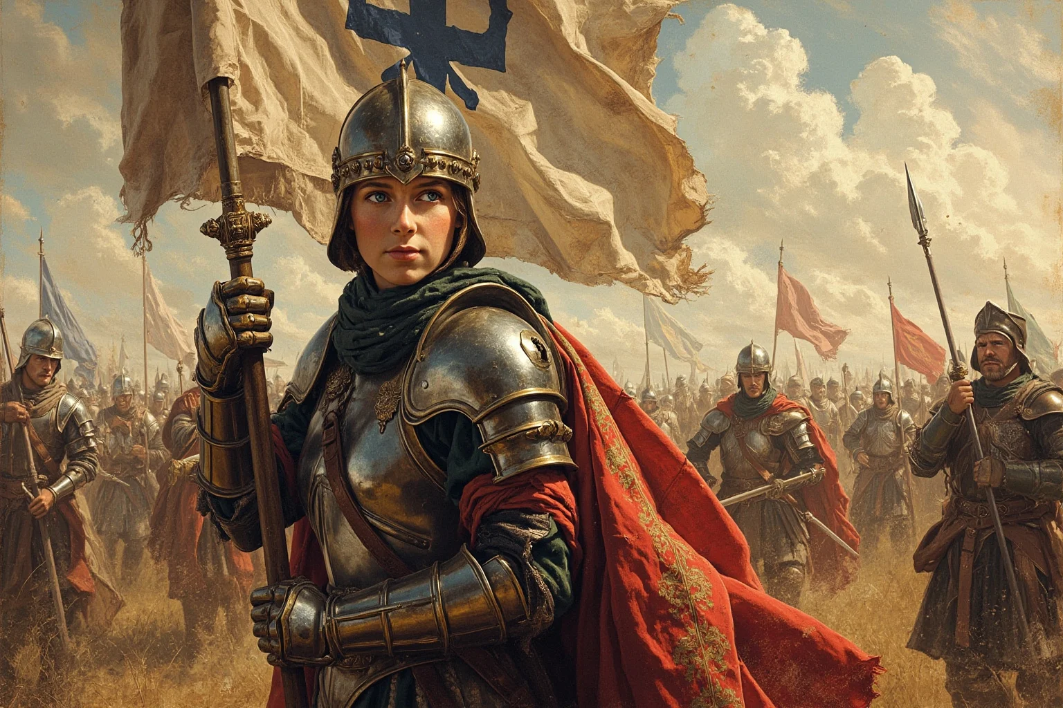 25 Vintage Baby Names Inspired by Historical Figures 10 Illustrated young medieval woman in armor holding a banner, 15th-century French battlefield setting