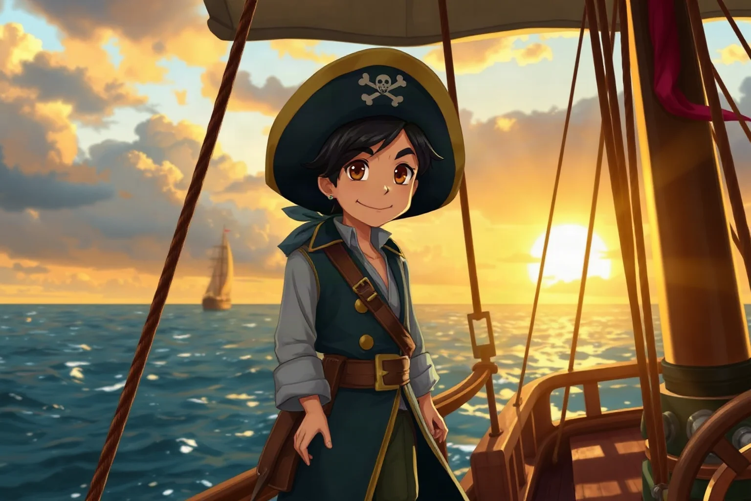 Illustrated young pirate captain standing proudly on the deck of a sailing ship during a golden sunset at sea, painterly style