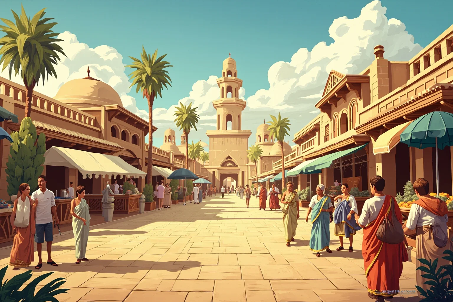 The Role of Markets and Bazaars in Ancient Economies 21 Illustration blending ancient marketplace elements with a modern open-air market to show historical legacy