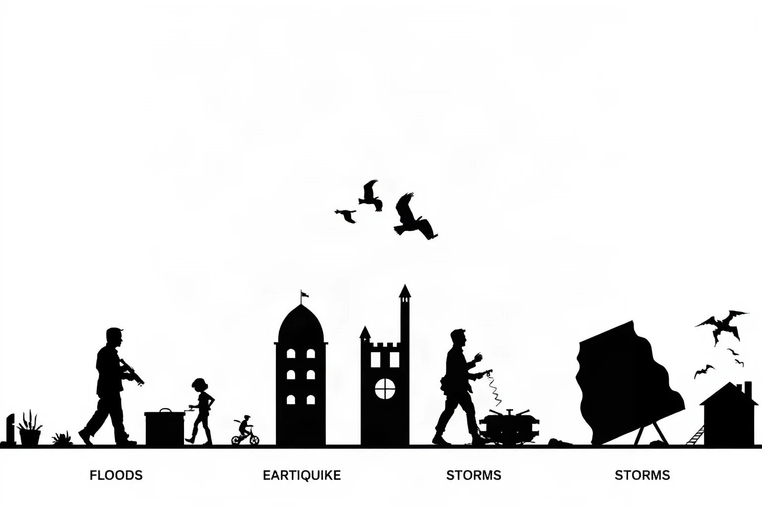 Illustration comparing silhouettes of different historic disasters like floods, earthquakes, and storms