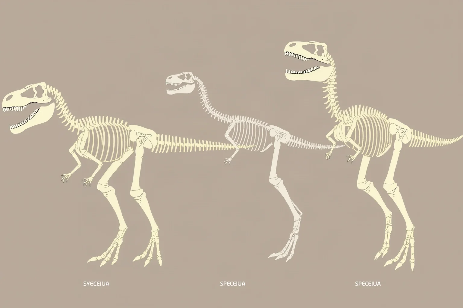 Illustration comparing three slightly different Tyrannosaurus rex skeletons side by side to depict species debate