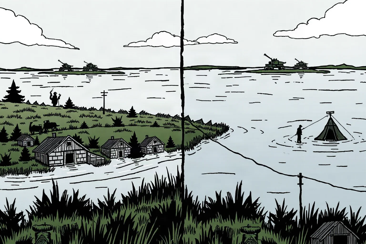 Illustration contrasting a flood-stricken village with distant military tents, symbolizing political tension