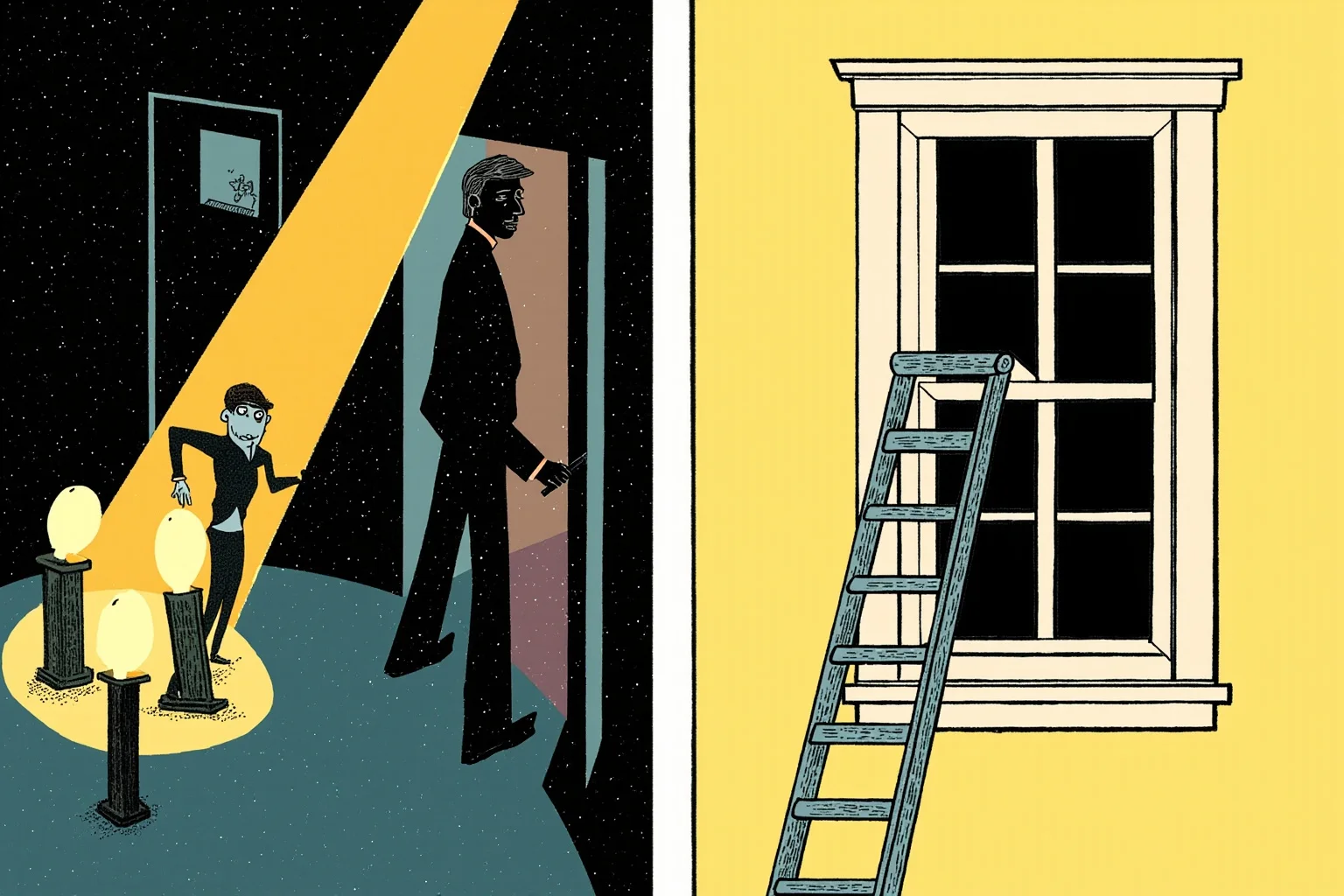 The Louvre Is No Stranger to Losing Millions: Inside the Museum's Biggest Heists 21 Illustration contrasting a glamorous movie-style heist scene with a plain, mundane broken window and ladder