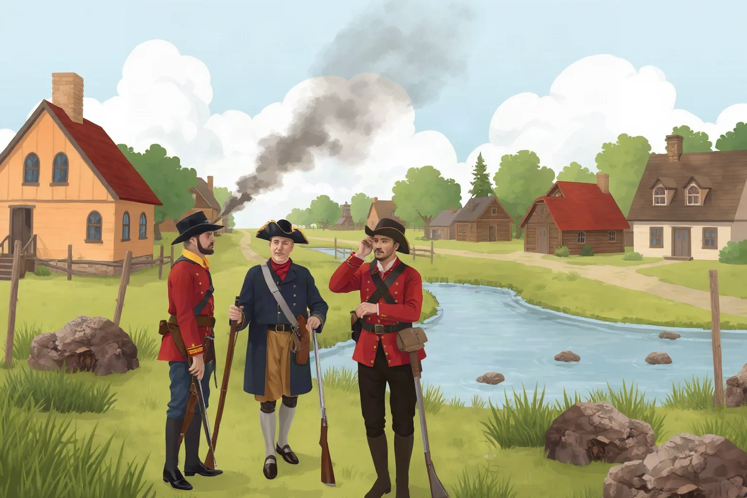 Illustration of 1830s militia men facing off peacefully near a small river town border, Toledo War theme