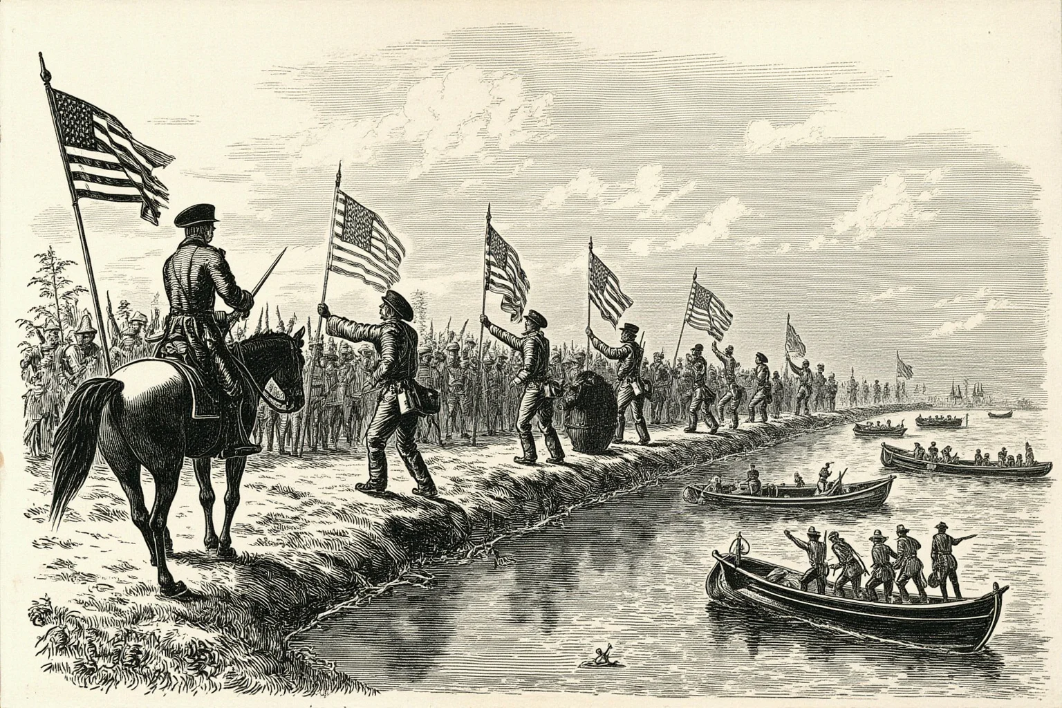 Illustration of 1840s American soldiers crossing a disputed river border under Manifest Destiny banners
