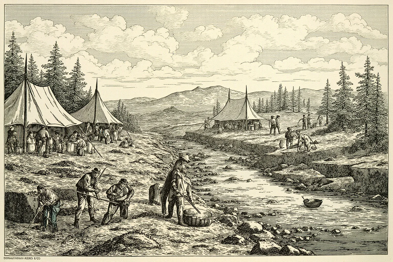 Illustration of 1850s gold miners panning in a rocky creek surrounded by canvas tents