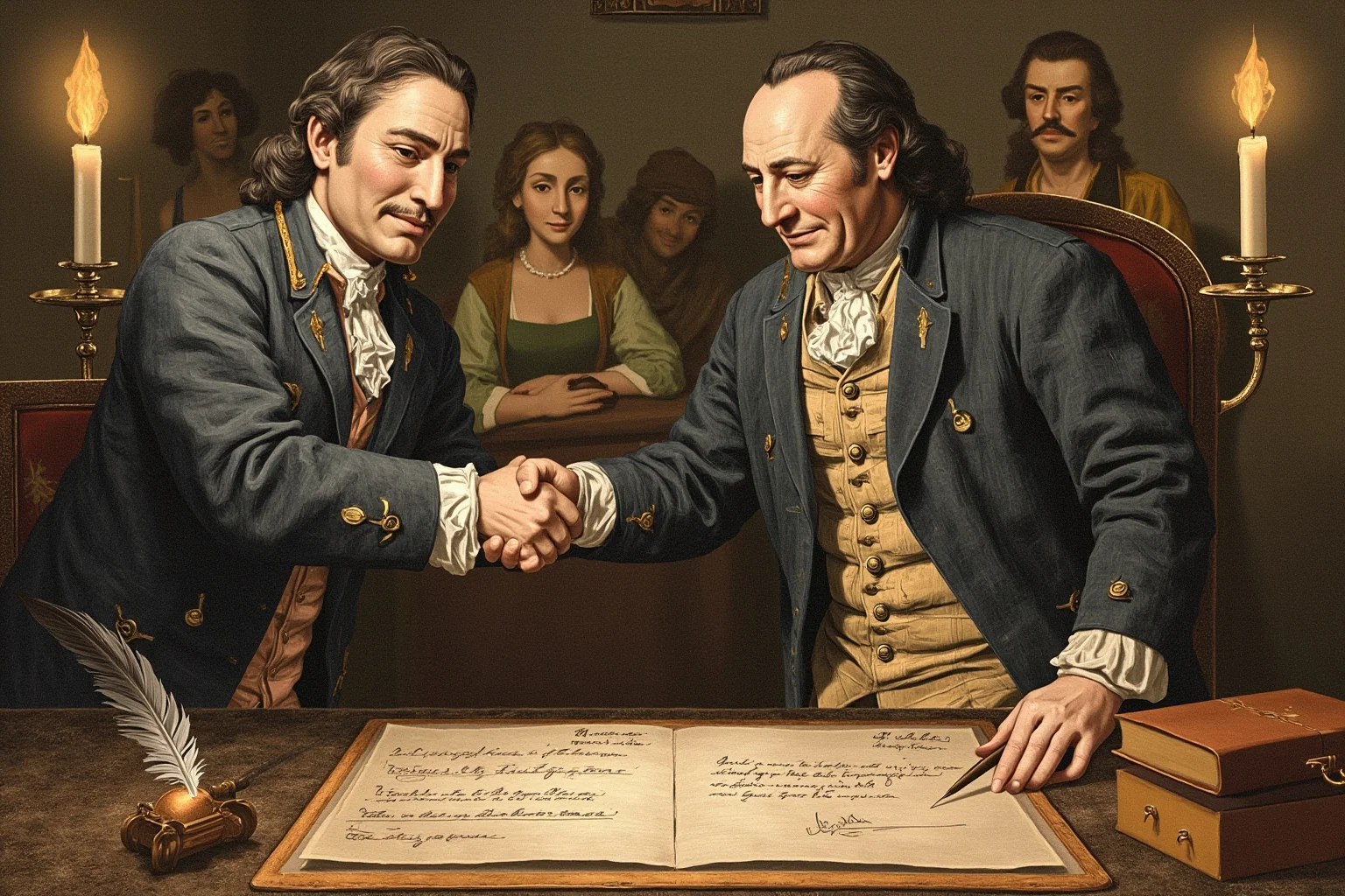 Illustration of 18th-century diplomats shaking hands over a signed document with quill pens, candlelit room, generic figures