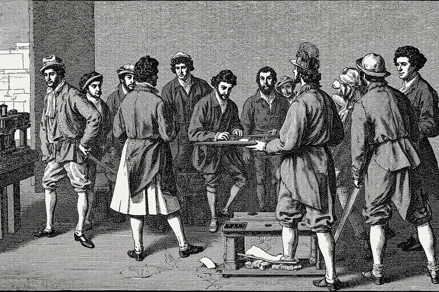 Illustration of 18th-century Parisian financiers gathered around a paper money printing press in a period setting