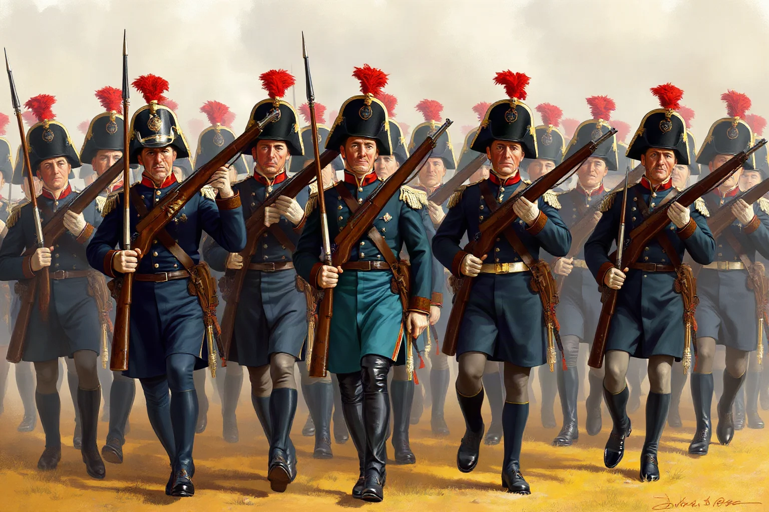 Illustration of 18th century Prussian infantry in blue uniforms marching with muskets