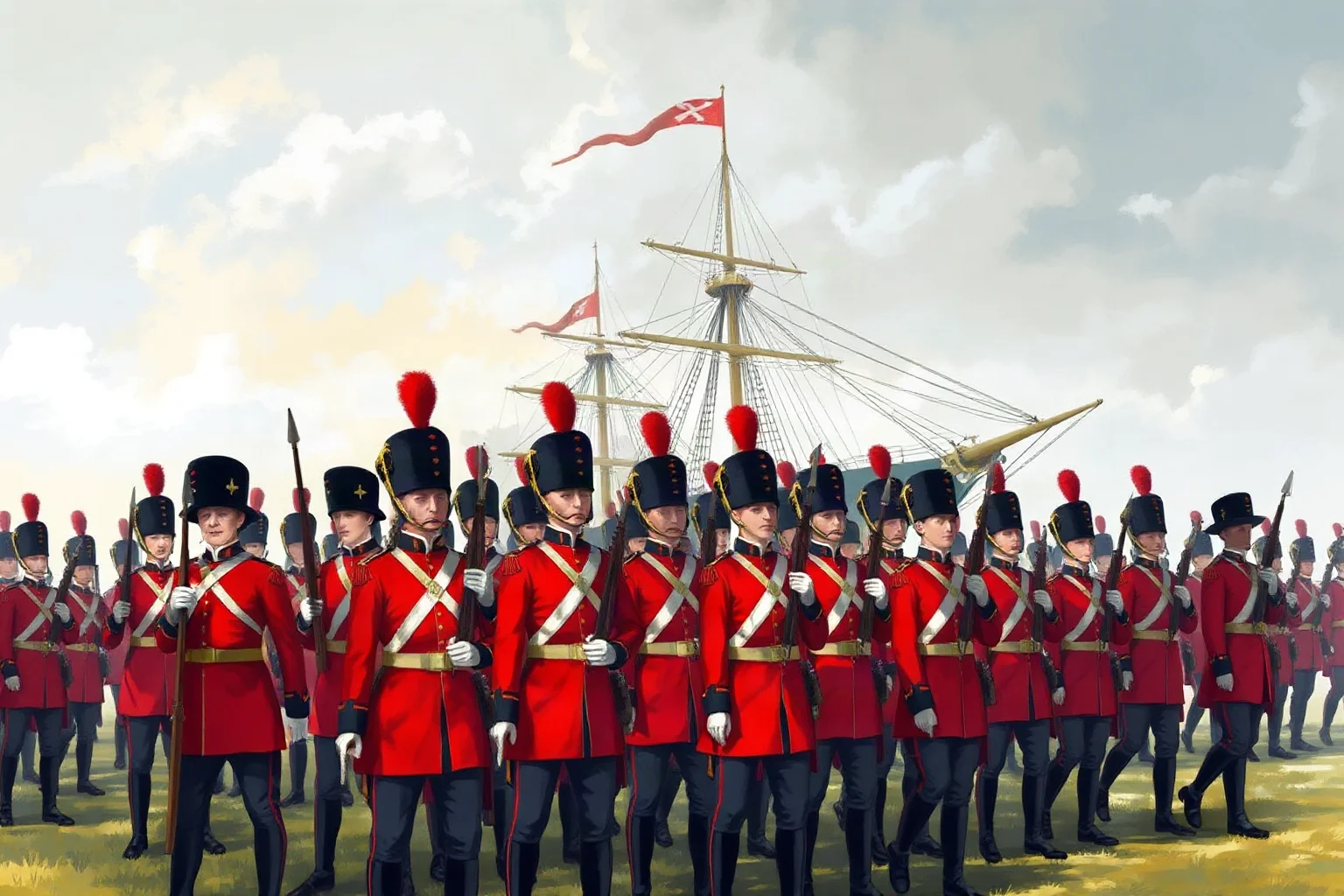 Illustration of 19th century British redcoat infantry in formation with a warship in the background