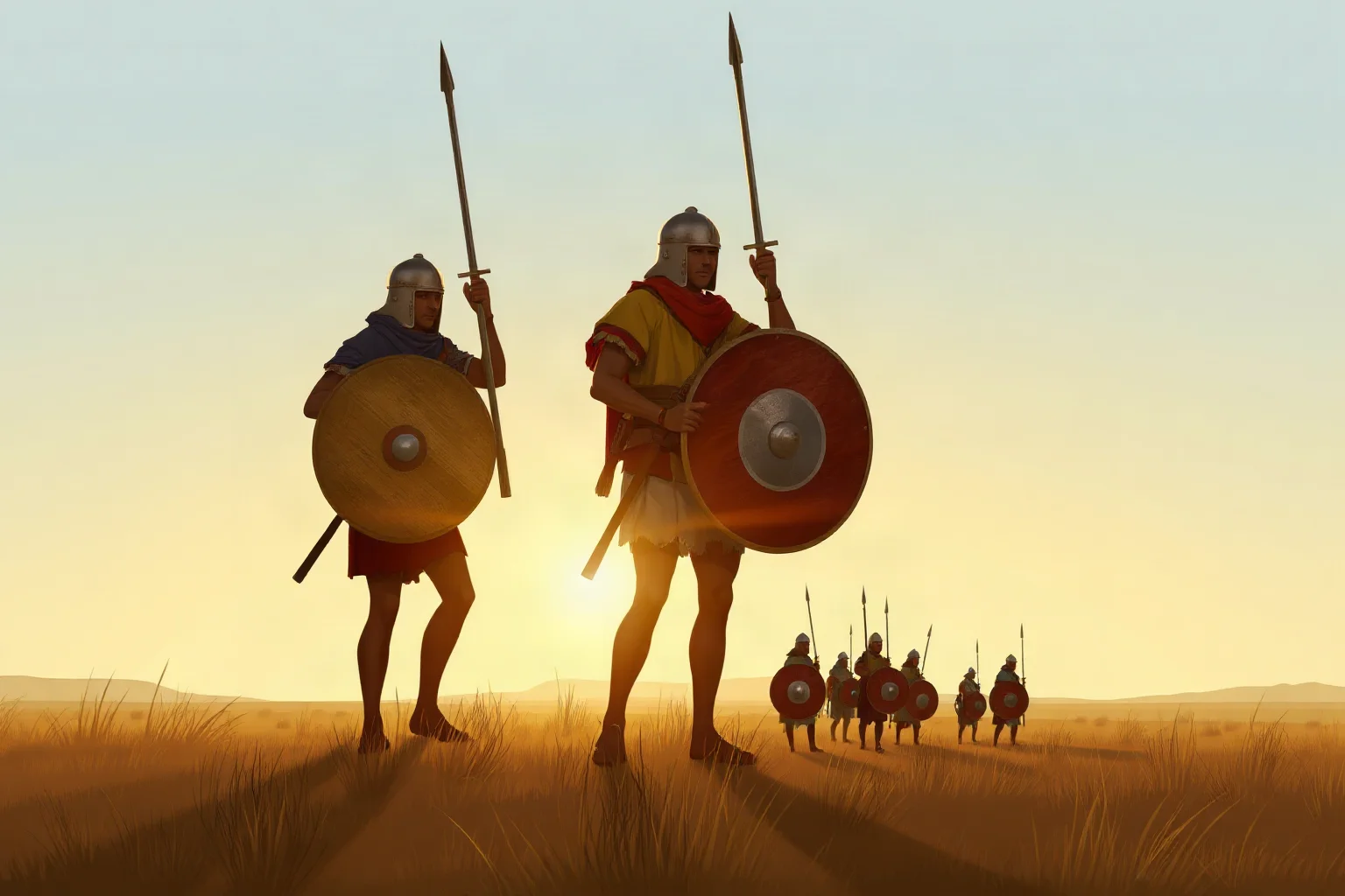 Illustration of 19th-century southern African warriors with shields assembled on a grassy plain at sunrise