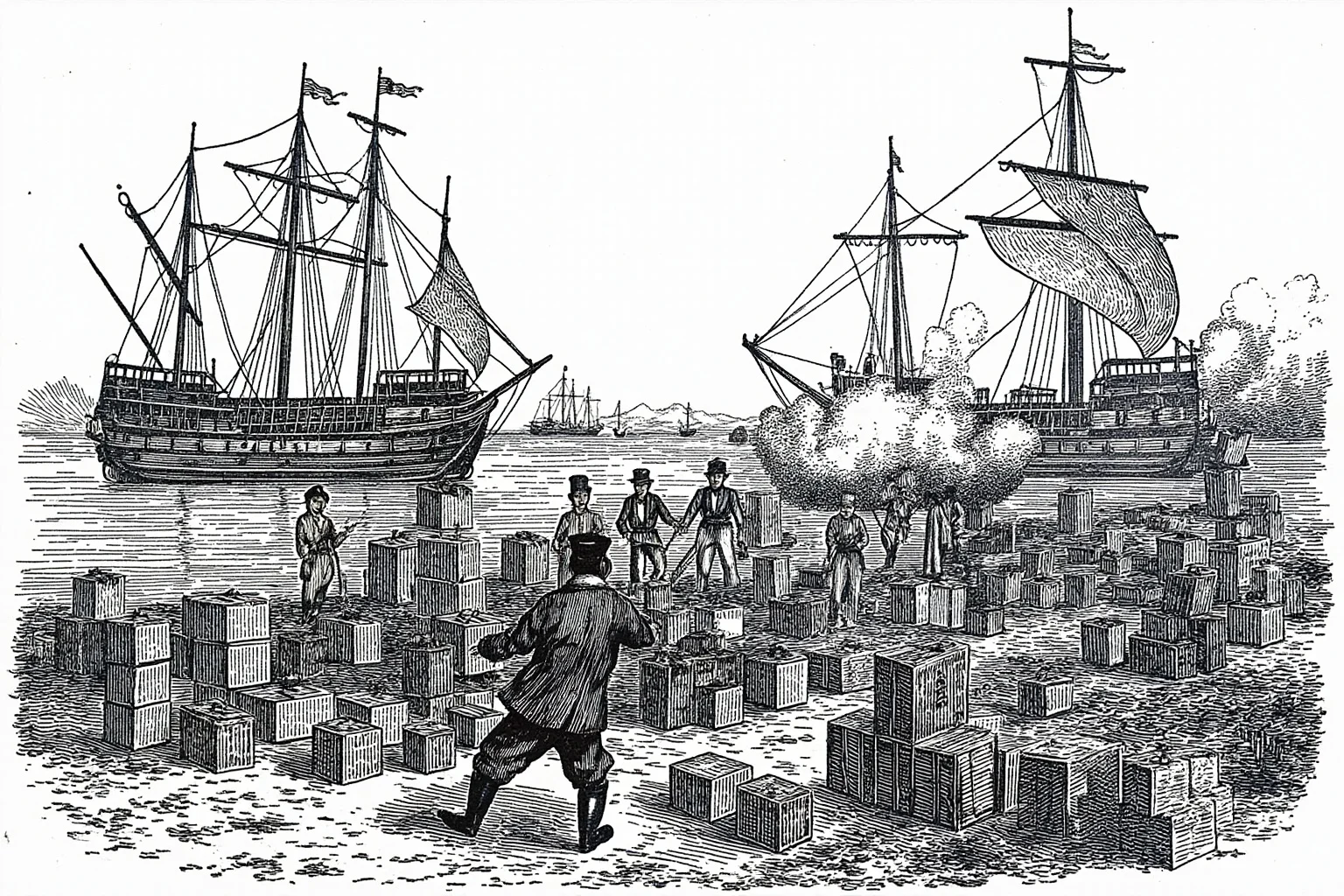 Illustration of 19th-century trade ships and crates in a Chinese harbor with tension between officials