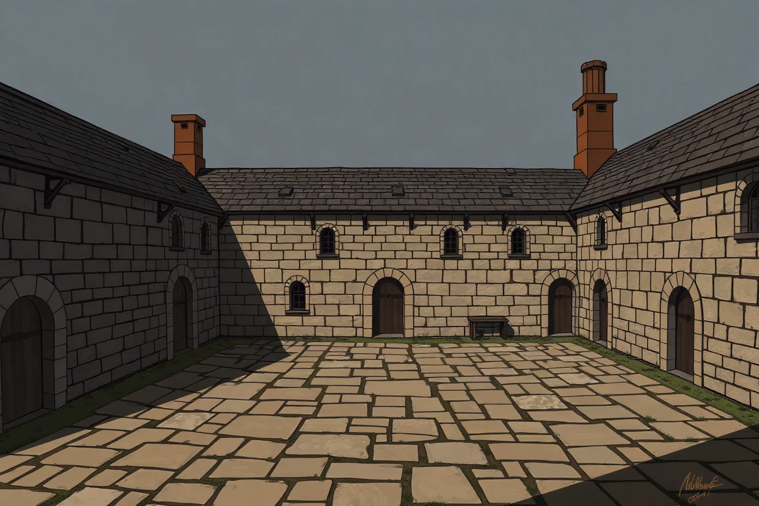 Illustration of a 16th-century English execution courtyard with somber stone walls