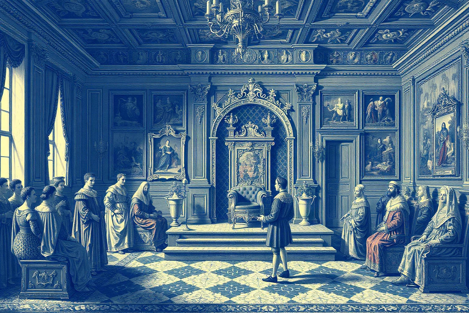 Illustration of a 16th-century French royal court scene with an ornate throne room